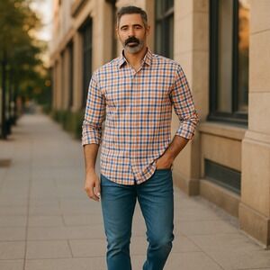 ALTON - LANE Men's Slim Fit Orange Plaid Long Sleeve Shirt Size L Button-Up